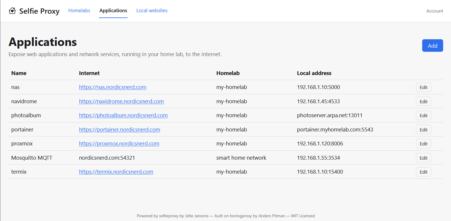 Applications table listing exposed apps such as nas, navidrome, photoalbum, portainer, proxmox and termix, each with its internet address, homelab and local address.