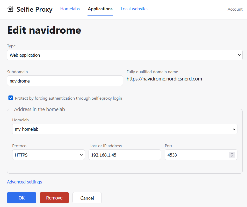 Edit application form for navidrome, showing subdomain, the resulting HTTPS address, an authentication checkbox, and the local homelab address with protocol, host and port fields.