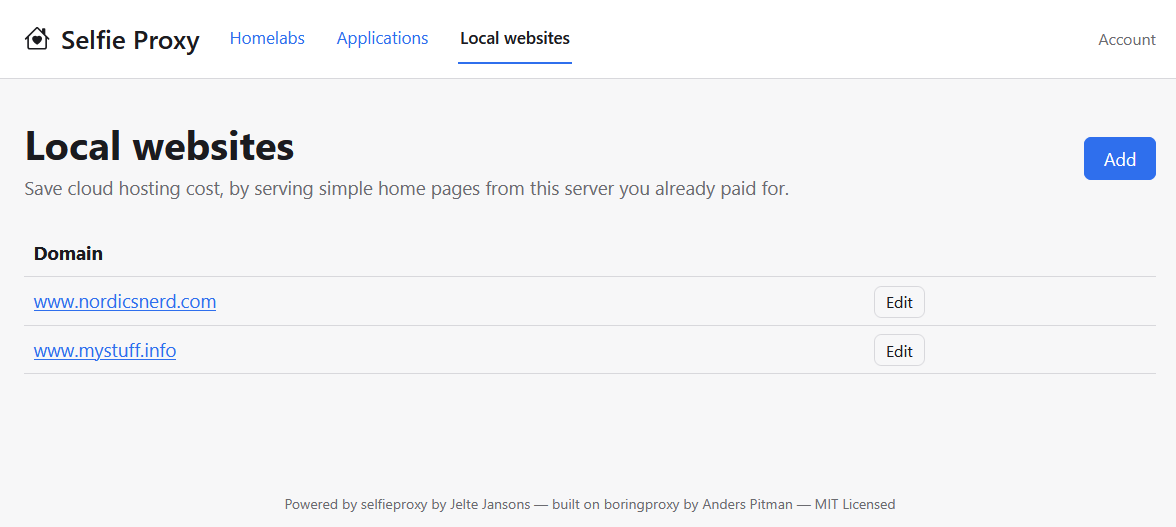 Local websites page listing two static sites, www.nordicsnerd.com and www.mystuff.info, each with an Edit button.
